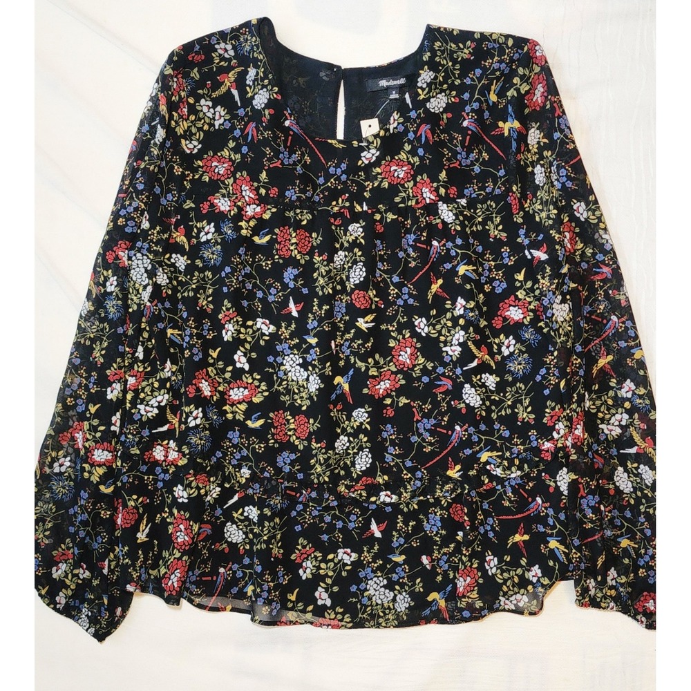 NWT Madewell Floral Bird Print Ruffle Hem Blouse Black Multi AF611 Size M NEW